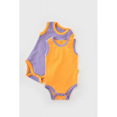 Set 2 body-uri fara maneci Ribana Bebe Unisex din bumbac organic si 5%elastan - Galben/Mov (Marime: 6-9 luni) JEMBC-CSYR4102-6