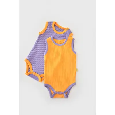 Set 2 body-uri fara maneci Ribana Bebe Unisex din bumbac organic si 5%elastan - Galben/Mov (Marime: 6-9 luni) JEMBC-CSYR4102-6