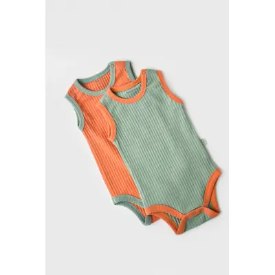 Set 2 body-uri fara maneci Ribana Bebe Unisex din bumbac organic si 5%elastan - Portocaliu/Verde (Marime: 12-18 Luni) JEMBC-CSYR4100-12