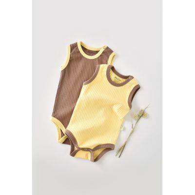 Set 2 body-uri fara maneci Ribana Bebe Unisex din bumbac organic si 5%elastan - Vanilie/Maro (Marime: 3-6 Luni) JEMBC-CSYR4103-3