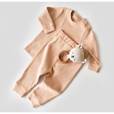 Set bluzita cu maneca lunga si panataloni lungi din bumbac organic si 5% elastan - Bej inchis (Marime: 18-24 Luni) JEMBC-CSYR4502-18