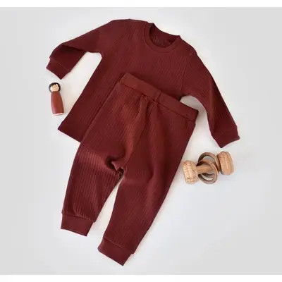 Set bluzita cu maneca lunga si panataloni lungi din bumbac organic si 5% elastan - Caramiziu (Marime: 6-9 luni) JEMBC-CSYR4500-6