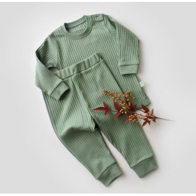 Set bluzita cu maneca lunga si panataloni lungi din bumbac organic si 5% elastan - Verde (Marime: 12-18 Luni) JEMBC-CSYR4506-12