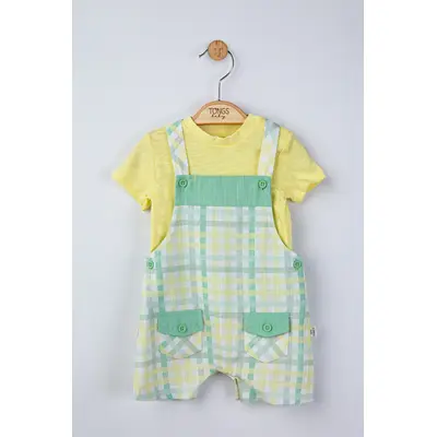 Set salopeta cu tricou in carouri pentru bebelusi, Tongs baby (Culoare: Galben, Marime: 6-9 luni) JEMtgs_4130_5