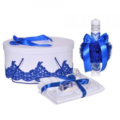 Pachet lumanare cu mesaj si tursou botez cu cutie trusou dantela lata Albastra Baieti Denikos® C1125 NKO5803