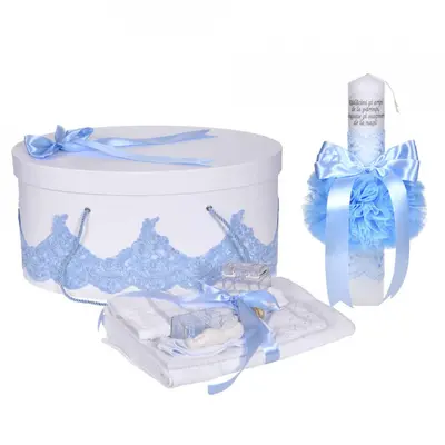 Set lumanare cu mesaj si trusou botez Baietel cu cutie trusou, dantela lata Bleu Denikos&reg; C1124 NKO5802