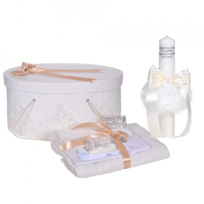 Set trusou botez Unisex cu cutie trusou dantela lata Ivoire Denikos® C1123 si lumanare cu mesaj NKO5801