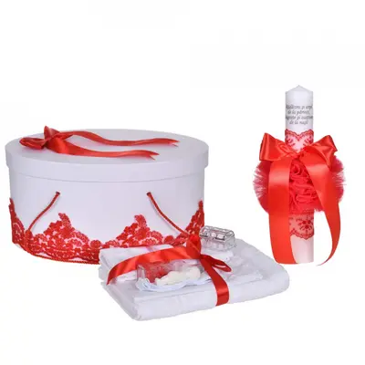 Set trusou botez cu lumanare mesaj si cutie trusou decor dantela lata Rosie Fetite Denikos&reg; C1129 NKO5807