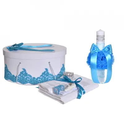 Pachet trusou botez si lumanare cu mesaj Baieti si cutie trusou dantela lata Turcoaz Denikos&reg; C1130 NKO5808