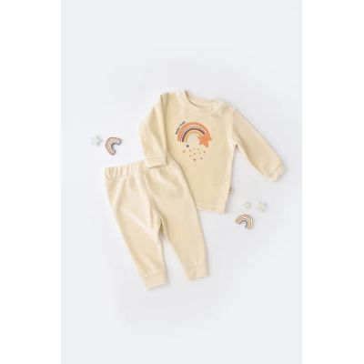 Set Curcubeu cu bluzita cu maneca lunga si panataloni lungi din 80%bumbac organic si 20% poliester - Crem, Baby Cosy (Marime: 6-9 luni) JEMBC-CSYK6006-6