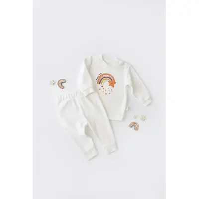Set Curcubeu cu bluzita cu maneca lunga si panataloni lungi din 80%bumbac organic si 20% poliester - Ecru, Baby Cosy (Marime: 6-9 luni) JEMBC-CSYK6005-6