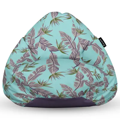 Fotoliu Units Puf Bean Bag tip para L, impermeabil, indoor/outdoor, sac interior, cu maner, 80 x 80 x 60 cm, cian cu frunze gri BEANUNB-PR-L-EXT-010
