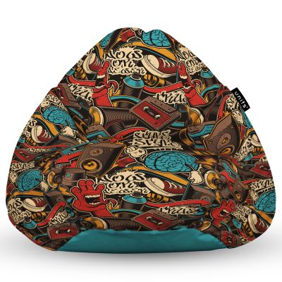 Fotoliu Units Puf Bean Bag tip para L, impermeabil, indoor/outdoor, sac interior, cu maner, 80 x 80 x 60 cm, graffiti retro maro BEANUNB-PR-L-EXT-095