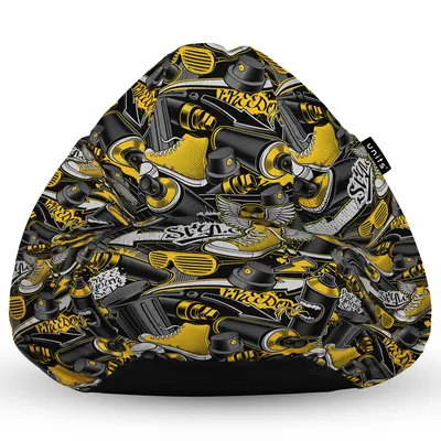 Fotoliu Units Puf Bean Bag tip para L, impermeabil, indoor/outdoor, sac interior, cu maner, 80 x 80 x 60 cm, graffiti retro negru si galben BEANUNB-PR-L-EXT-101
