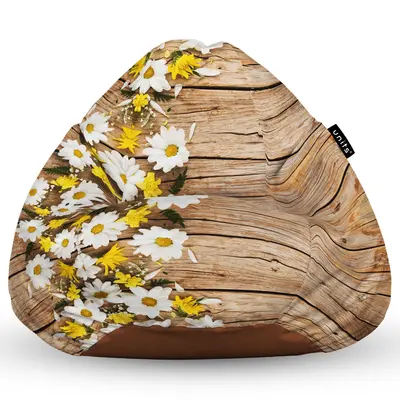 Fotoliu Units Puf Bean Bag tip para L, impermeabil, indoor/outdoor, sac interior, cu maner, 80 x 80 x 60 cm, lemn maro cu flori albe si galbene BEANUNB-PR-L-EXT-005