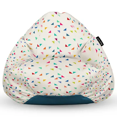 Fotoliu Units Puf Bean Bag tip para XL, impermeabil, indoor/outdoor, sac interior, cu maner, 90 x 85 x 65 cm, bej cu triunghiuri multicolore BEANUNB-PR-XL-EXT-009