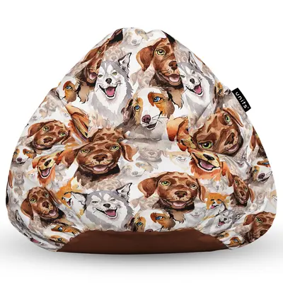 Fotoliu Units Puf Bean Bag tip para XL, impermeabil, indoor/outdoor, sac interior, cu maner, 90 x 85 x 65 cm, caini clasici maro si alb BEANUNB-PR-XL-EXT-145