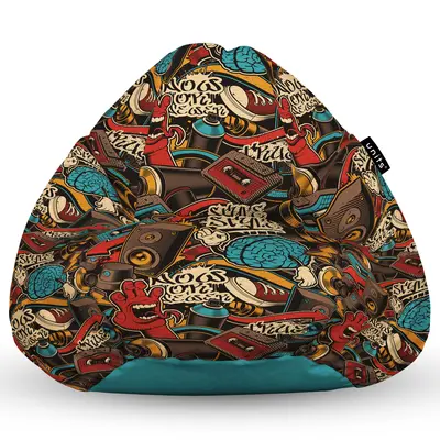 Fotoliu Units Puf Bean Bag tip para XL, impermeabil, indoor/outdoor, sac interior, cu maner, 90 x 85 x 65 cm, graffiti retro maro BEANUNB-PR-XL-EXT-095