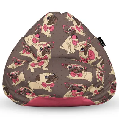 Fotoliu Units Puf Bean Bag tip para XL, impermeabil, indoor/outdoor, sac interior, cu maner, 90 x 85 x 65 cm, pugs cu ochelari BEANUNB-PR-XL-EXT-151