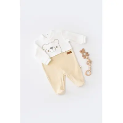 Salopeta Ursulet cu maneca lunga si botosei din 80%bumbac organic si 20% poliester - Crem, Baby Cosy (Marime: 6-9 luni) JEMBC-CSYK6010-6