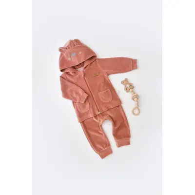 Set Ursulet cu bluzita cu fermoar si gluga si panataloni lungi din 80%bumbac organic si 20% poliester - Caramiziu, Baby Cosy (Marime: 12-18 Luni) JEMBC-CSYK6018-12