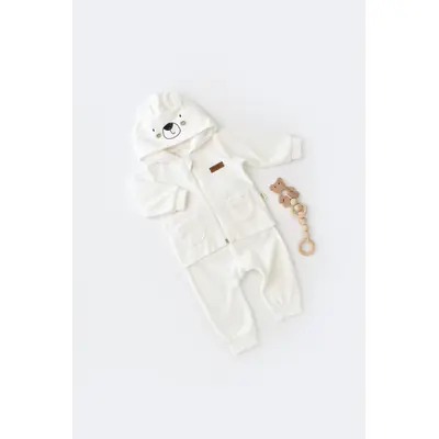 Set Ursulet cu bluzita cu fermoar si gluga si panataloni lungi din 80%bumbac organic si 20% poliester - Ecru, Baby Cosy (Marime: 18-24 Luni) JEMBC-CSYK6014-18