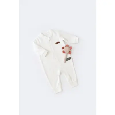 Salopeta cu maneca lunga si fermoar din 80%bumbac organic si 20% poliester - Ecru, Baby Cosy (Marime: 18-24 Luni) JEMBC-CSYK6027-18