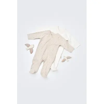 Set 2 salopetele cu maneca lunga si panataloni lungi cu botosei - 100%bumbac organic - Crem cu buline, Baby Cosy (Marime: 6-9 luni) JEMBC-CSY5818-6