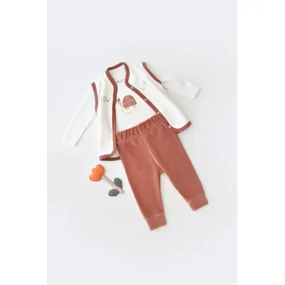 Set 3 piese Broscuta cu body, pantalonasi si vestuta din 80%bumbac organic si 20% poliester - Caramiziu, Baby Cosy (Marime: 6-9 luni) JEMBC-CSYK6026-6