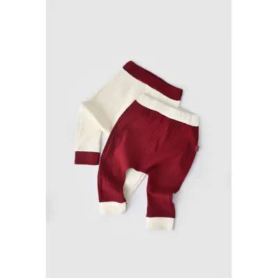 Set 2 pantaloni Ribana Bebe Unisex din bumbac organic si 5%elastan - Ecru/Bordo, Baby Cosy (Marime: 9-12 luni) JEMBC-CSYR4001-9