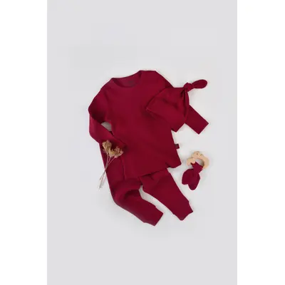 Set 3 piese: bluzita cu maneca lunga, panataloni lungi si caciulita din bumbac organic si modal - Rosu (Marime: 18-24 Luni) JEMBC-CSYM21502-18