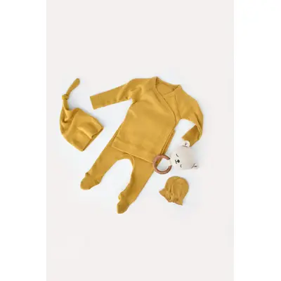 Set 4 piese: bluza, pantaloni, caciulita si manusi din bumbac organic si modal - Mustar, Baby Cosy (Marime: 3-6 Luni) JEMBC-CSYM24500-3