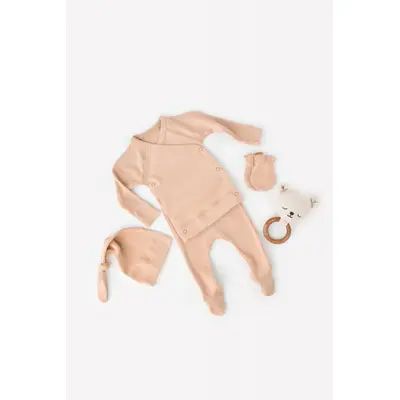 Set 4 piese: bluza, pantaloni, caciulita si manusi din bumbac organic si modal - Somon, Baby Cosy (Marime: 6-9 luni) JEMBC-CSYM24503-6