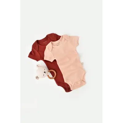 Set 2 body-uri bebe unisex din bumbac organic si modal - Caramiziu/Somon, Baby Cosy (Marime: 0-3 Luni) JEMBC-CSYM11213-0