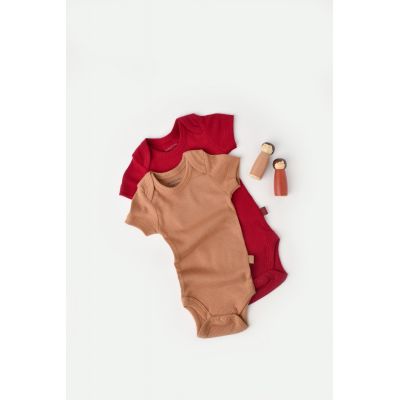 Set 2 body-uri bebe unisex din bumbac organic si modal - Maro/Rosu, Baby Cosy (Marime: 3-6 Luni) JEMBC-CSYM11211-3