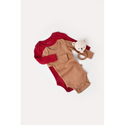Set 2 body-uri cu maneca lunga bebe unisex din bumbac organic si modal - Maro/Rosu, Baby Cosy (Marime: 6-9 luni) JEMBC-CSYM11311-6