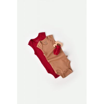 Set 2 body-uri fara maneci bebe unisex din bumbac organic si modal - Maro/Rosu, Baby Cosy (Marime: 9-12 luni) JEMBC-CSYM11111-9