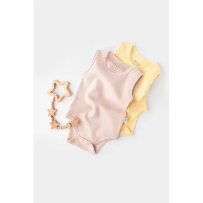 Set 2 body-uri fara maneci bebe unisex -100% bumbac organic - Galben/Roz, Baby Cosy (Marime: 9-12 luni) JEMBC-CSYW1002-9