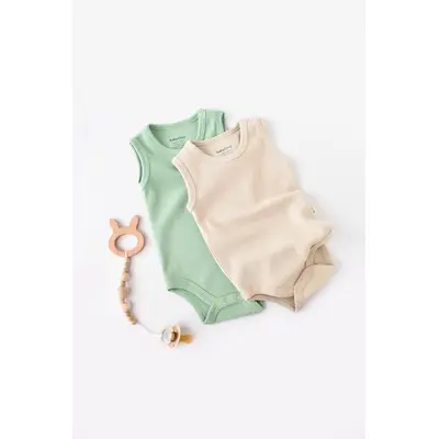 Set 2 body-uri fara maneci bebe unisex -100% bumbac organic - Mint/Stone, Baby Cosy (Marime: 6-9 luni) JEMBC-CSYW1000-6