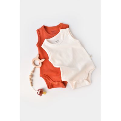 Set 2 body-uri fara maneci bebe unisex -100% bumbac organic -Scortisoara/Ecru, Baby Cosy (Marime: 18-24 Luni) JEMBC-CSYW1001-18