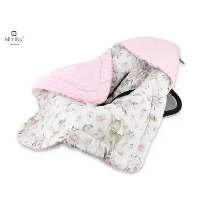 MimiNu - Paturica de infasat pentru scoica, scaun auto/carucior, Cu gluga si urechi, Cu sistem de prindere pe baza de velcro, Dimensiune 90x90 cm, Din tesatura pufoasa Minky + Bumbac, Sweet Deer Pink BYN6426972016674