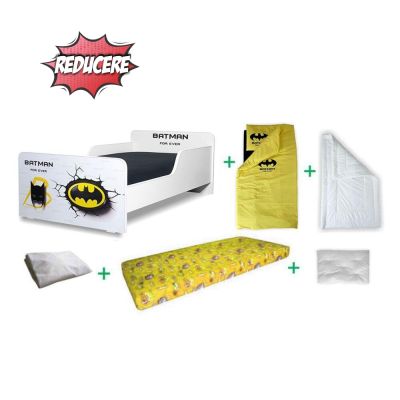 Pachet Complet Pat De Baieti 2-12 Ani Creativ Batman Include Lenjerie, Pilota, Perna, Saltea Cu Lana Si Husa Impermeabila