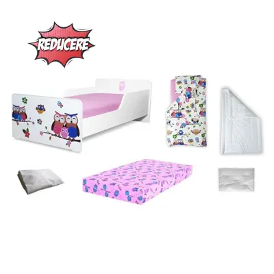 Pachet Promo Complet Patut Copii 2-8 ani Start Bufnite cu saltea SmartNest cu lana, set lenjerie, pilota, perna si husa impermeabila incluse- PC-PCH-CMP-PRO-STR-BUF-70