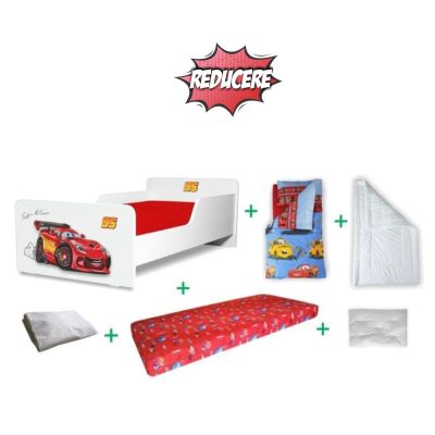 Pachet Promo Complet Pat Creativ Fulger Baieti 2-8 Ani Cu Saltea Cu Lana 140x70, Husa, Lenjerie Pat, Pilota, Perna Incluse