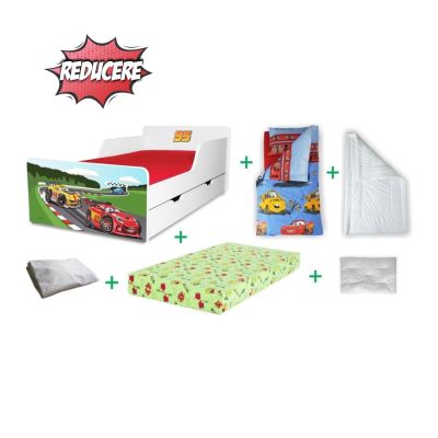 Pachet Complet Pat 2-12 Ani Creativ Racing Fulger 95 Cu Sertar, Pilota, Lenjerie, Perna, Saltea Cu Lana Si Husa Impermeabila
