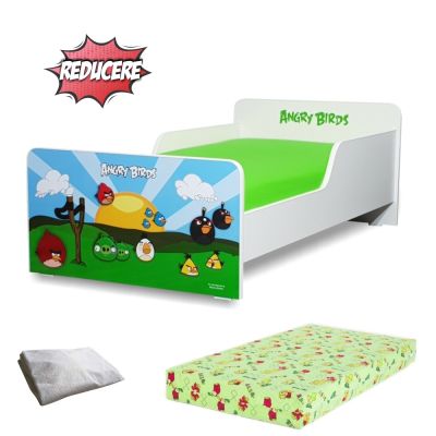 Pat Start Angry Birds 2-12 ani + saltea cu lana 160x80x12 cm + husa impermeabila - PC-PCH-PRO-STR-ANG-80