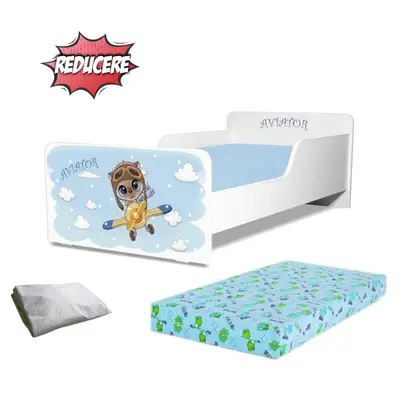 Pat copii Aviator 2-12 ani + saltea 160x80x12 cm SmartNest cu lana + husa impermeabila - PC-PCH-PRO-STR-AVT-80