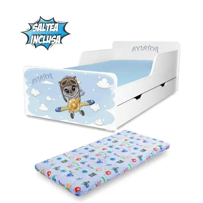 Pat copii Aviator 2-12 ani cu sertar si Saltea cu lana SafeNest PC-P-MK-SRT-AVT-80