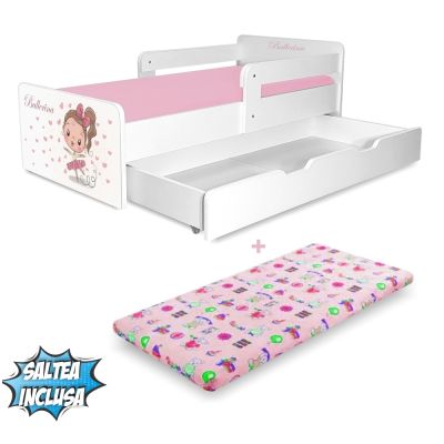 Pat Copii Balerina P2 2-8 Ani Cu Saltea Cu Lana, Sertar Si 2 Protectii Laterale Detasabile - ASC-mk-srt-bal-p2-70