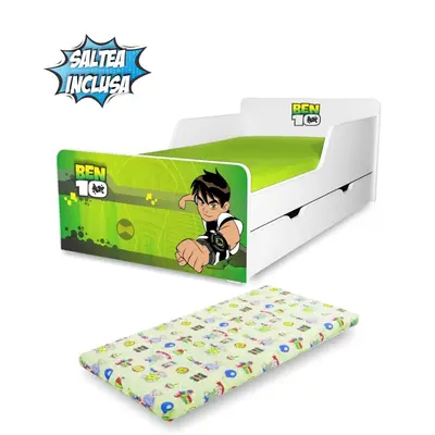 Pat copii Ben Ten 2-12 ani cu sertar si Saltea cu lana SafeNest inclusa PC-P-MK- SRT-BEN-80